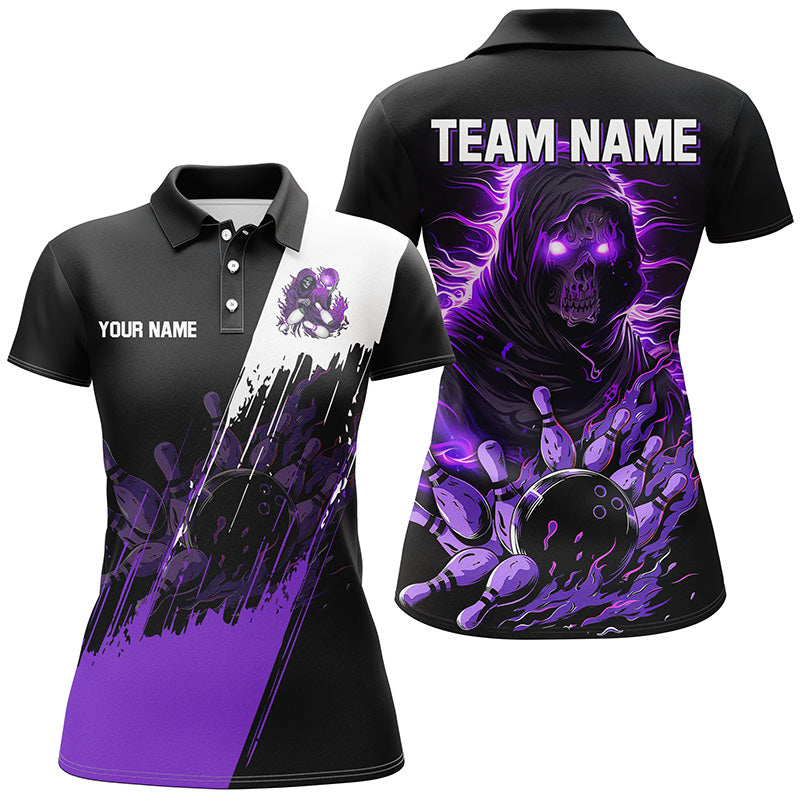 Black & Purple Skull Reaper Bowling Polo, 1/4 Zip Shirt for Women N8031