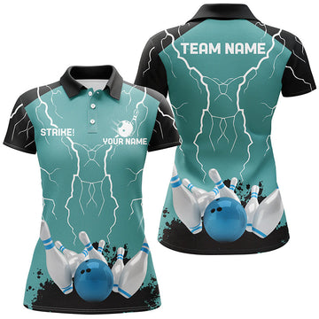 Women's Bowling Polo Shirt - Turquoise Lightning Storm Design N6342