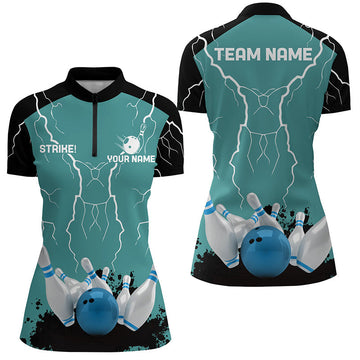 Women's Bowling Quarter Zip Jersey - Turquoise Lightning Storm N6342