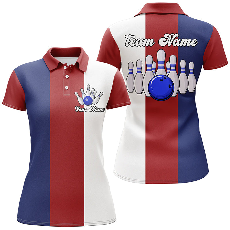 Custom Red, White & Blue Retro Bowling Polo Shirt for Women N6569