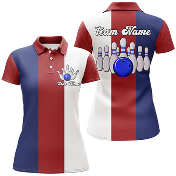 Custom Red, White & Blue Retro Bowling Polo Shirt for Women N6569