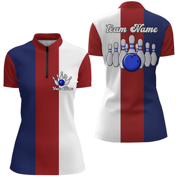 Women's Custom Red, White & Blue Retro Bowling Quarter Zip Shirt N6569