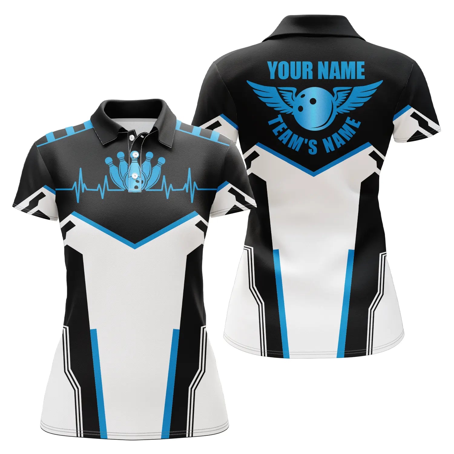 Women's Custom Bowling Polo Shirt - Black & White N4899