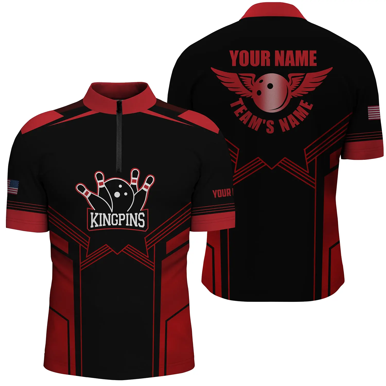 Men's Red & Black Bowling Quarter Zip Shirt - Custom Name & Team N4728