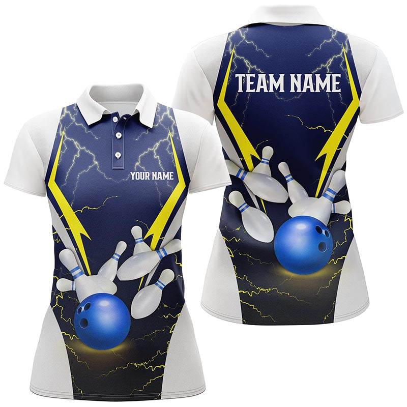 Women's Custom Blue Lightning Bowling Polo Shirt N7455