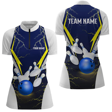 Women's Custom Blue Lightning Bowling Quarter Zip Shirt N7455