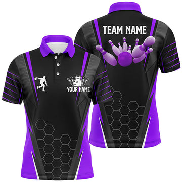 Black Men's Bowling Polo Shirt - Custom Name, Purple N6132