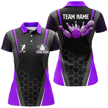 Black Women's Bowling Polo Shirt - Custom Name, Purple N6132