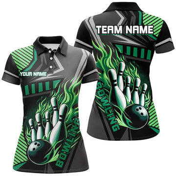 Women's Black & Green Bowling Polo Quarter Zip - Custom Team Jersey N7627