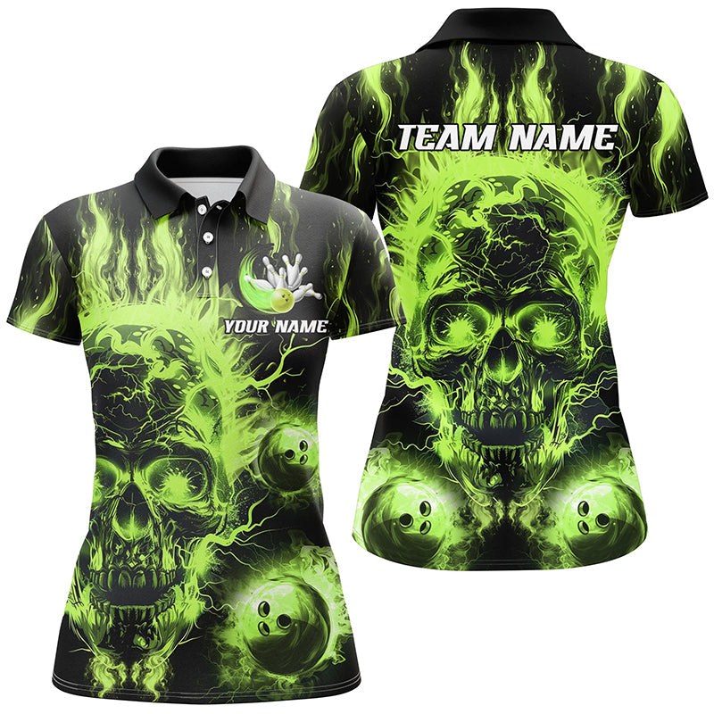 Women's Custom Green Flame Skull Bowling Shirts N7629