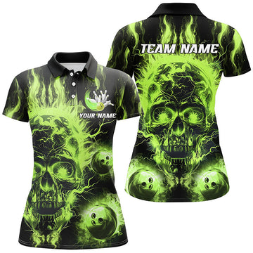 Women's Custom Green Flame Skull Bowling Shirts N7629