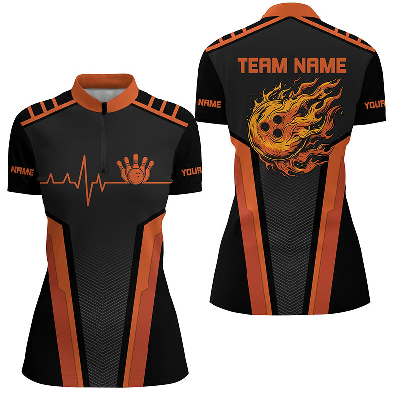 Women's Black & Orange Flame Bowling Shirt N7827