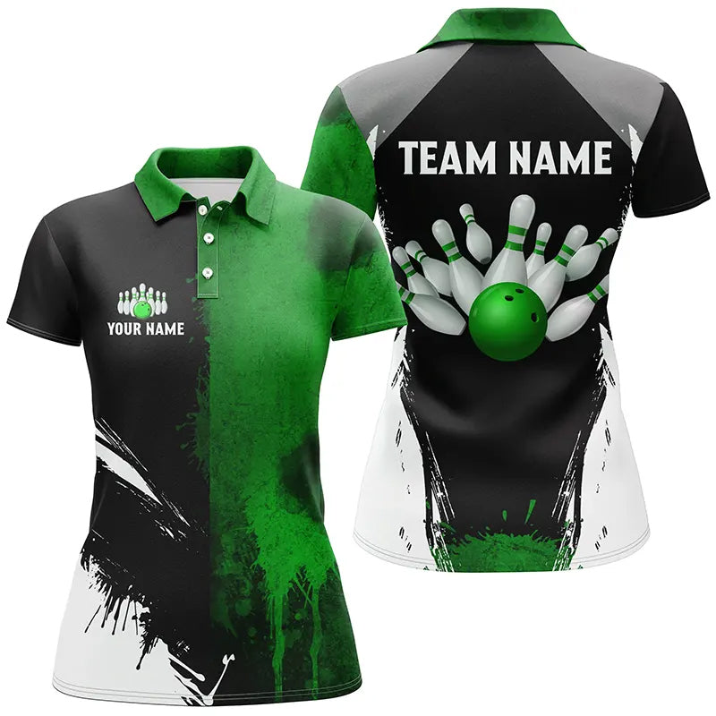 Black & Green Women's Bowling Polo, Quarter Zip Team Jersey N8259
