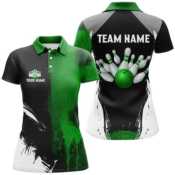 Black & Green Women's Bowling Polo, Quarter Zip Team Jersey N8259