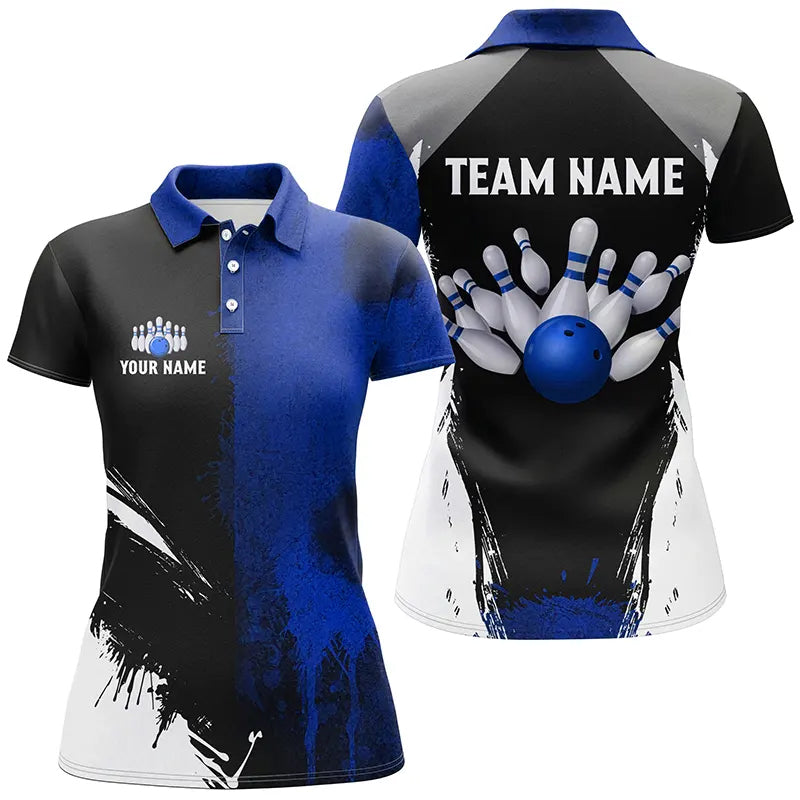 Women's Black & Blue Bowling Polo, Quarter Zip Team Jersey N8260