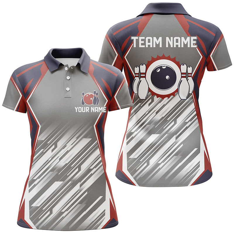 Grey Abstract Retro Bowling Polo Shirt for Women N7480