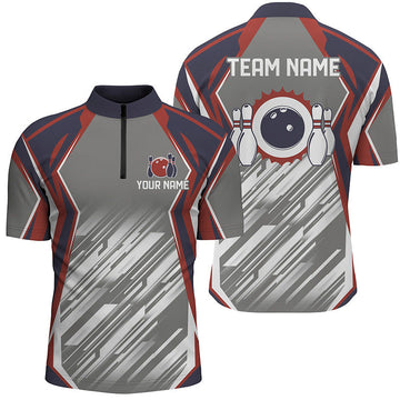 Men's Grey Abstract Retro Bowling Quarter Zip Shirt N7480