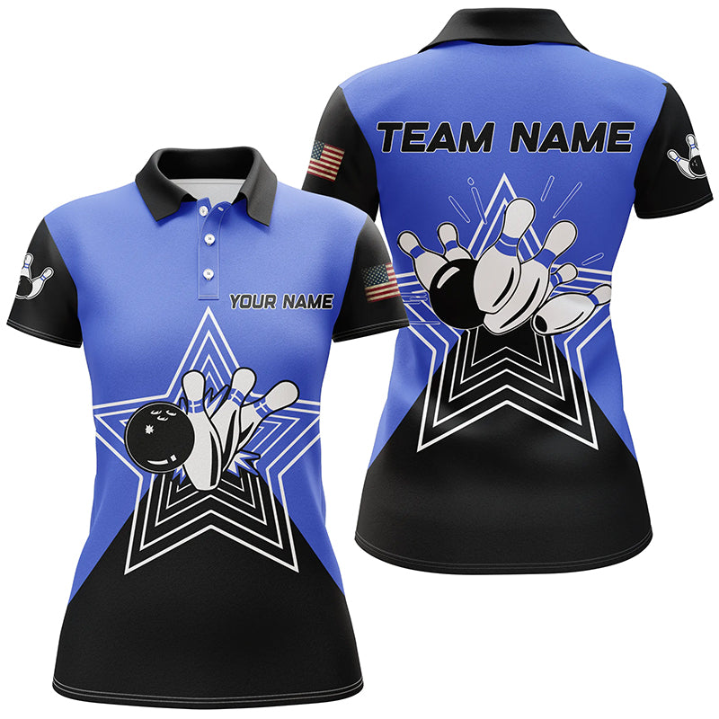 Women's Blue & Black Retro Bowling Polo Shirt N7830