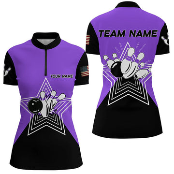 Women's Purple & Black Retro Bowling Polo Shirt N7831