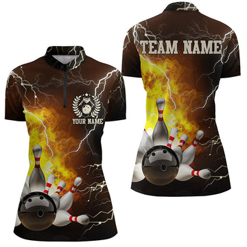 Women's Quarter Zip Bowling Team Jersey - Custom Flame Lightning Design N6150