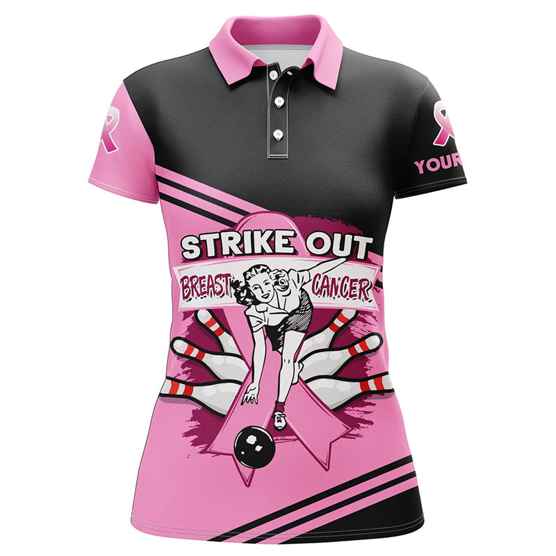 Pink Women's Bowling Polo Shirt - Custom Strike Out Breast Cancer Jersey N6382