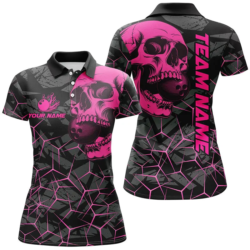 Pink Skull Camo Bowling Shirt for Women - Custom Team Jersey N8277