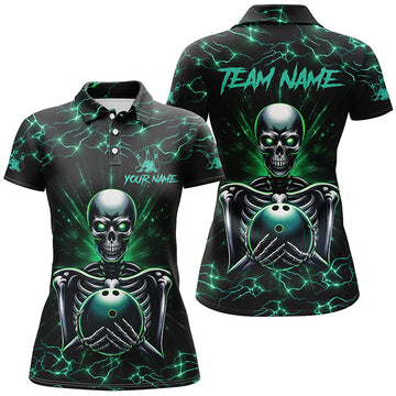 Women's Green Skull Lightning Bowling Polo Shirt N7304