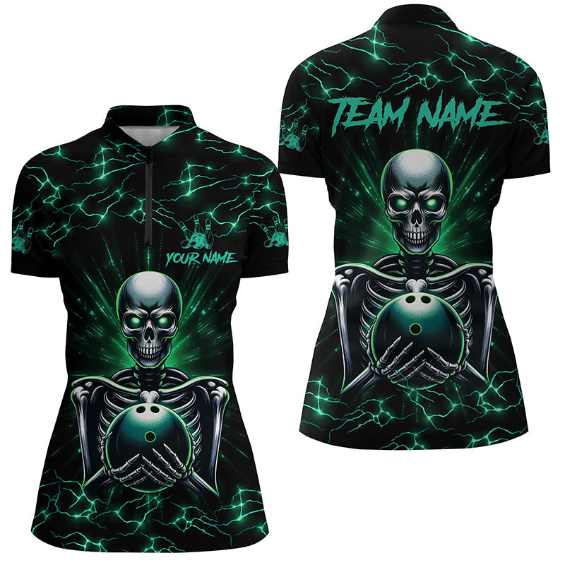Green Skull Lightning Bowling Quarter Zip Shirt for Women N7304
