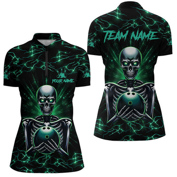 Green Skull Lightning Bowling Quarter Zip Shirt for Women N7304