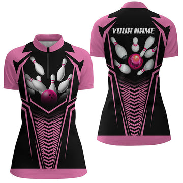 Personalised Pink Bowling Team Quarter Zip Shirt for Women N5495