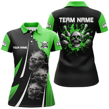 Green & Black Women's Bowling Polo, Quarter Zip, Custom Skull Design N7641