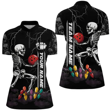 Black Women's Bowling Polo - Funny Skull & Lightning Storm Design N8287