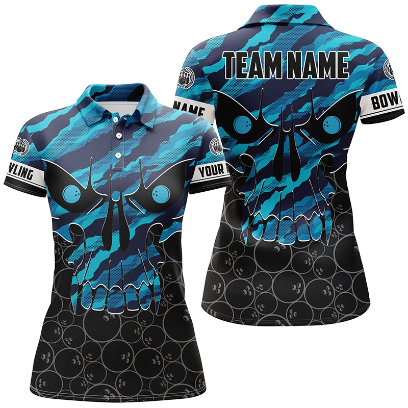 Women's Blue Camo Skull Bowling Polo Shirt - Custom Team Name N6410