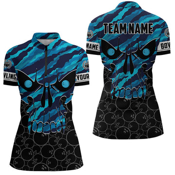 Women's Blue Camo Skull Bowling Quarter Zip Jersey N6410