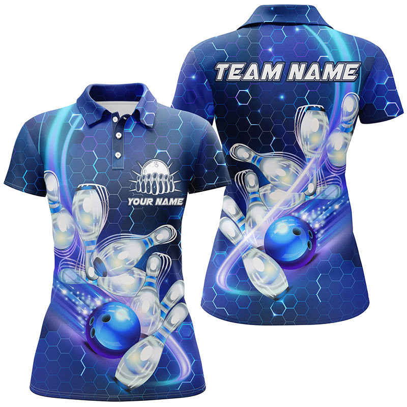 Women's Bowling Polo Shirt - Custom Blue Hexagon Pattern N6639