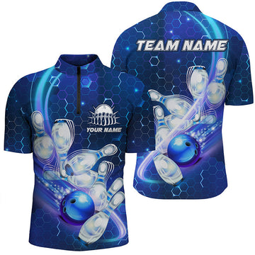 Men's Bowling Quarter Zip Shirt - Custom Blue Hexagon Bowling Ball Pins Team Jersey N6639