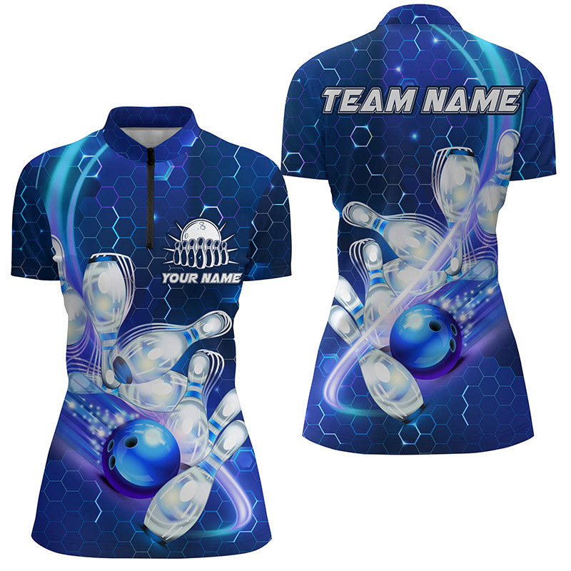 Women's Bowling Quarter Zip Shirt - Custom Blue Hexagon Pattern N6639