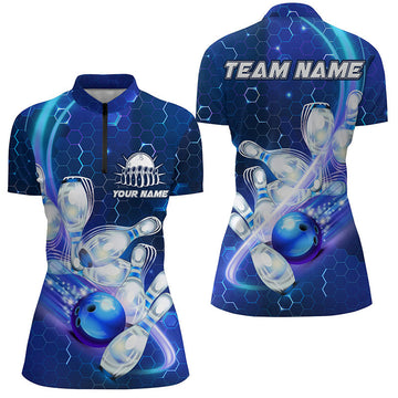 Women's Bowling Quarter Zip Shirt - Custom Blue Hexagon Pattern N6639