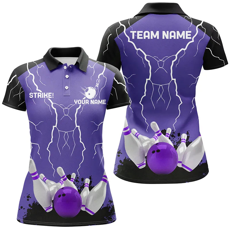 Women's Purple Bowling Polo Shirt - Custom Lightning Storm Design N6645
