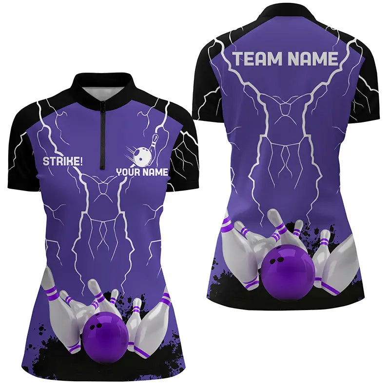 Women's Bowling Quarter Zip Jersey - Purple Lightning Storm Team N6645