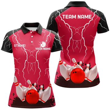 Women's Red Bowling Polo Shirt - Custom Lightning Storm Design N6646