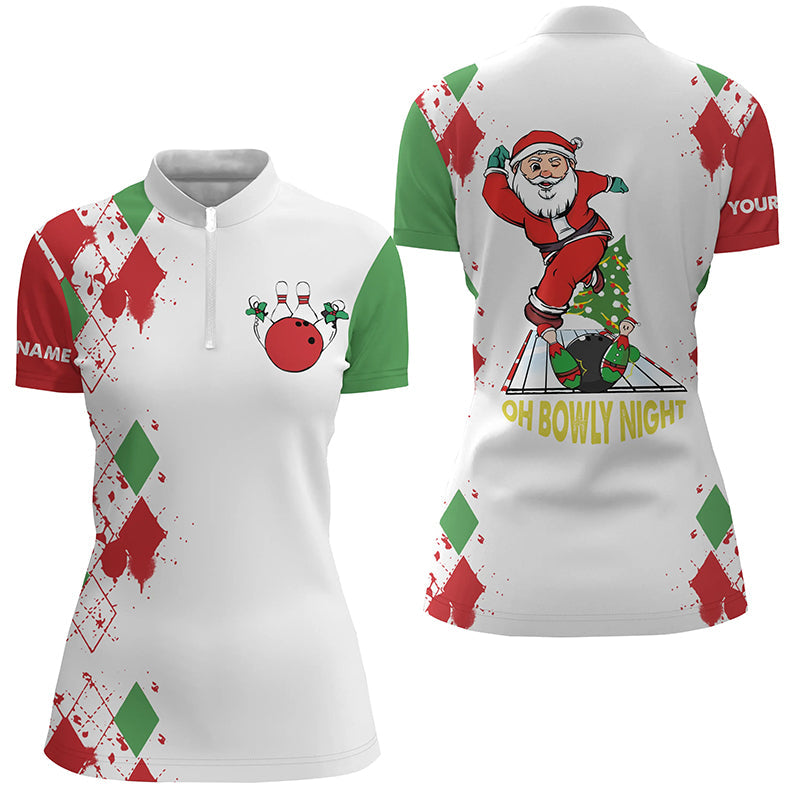 Women's Bowling Quarter Zip Shirt - Funny Santa Design, White Christmas N6883