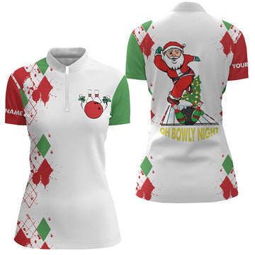 Women's Bowling Quarter Zip Shirt - Funny Santa Design, White Christmas N6883