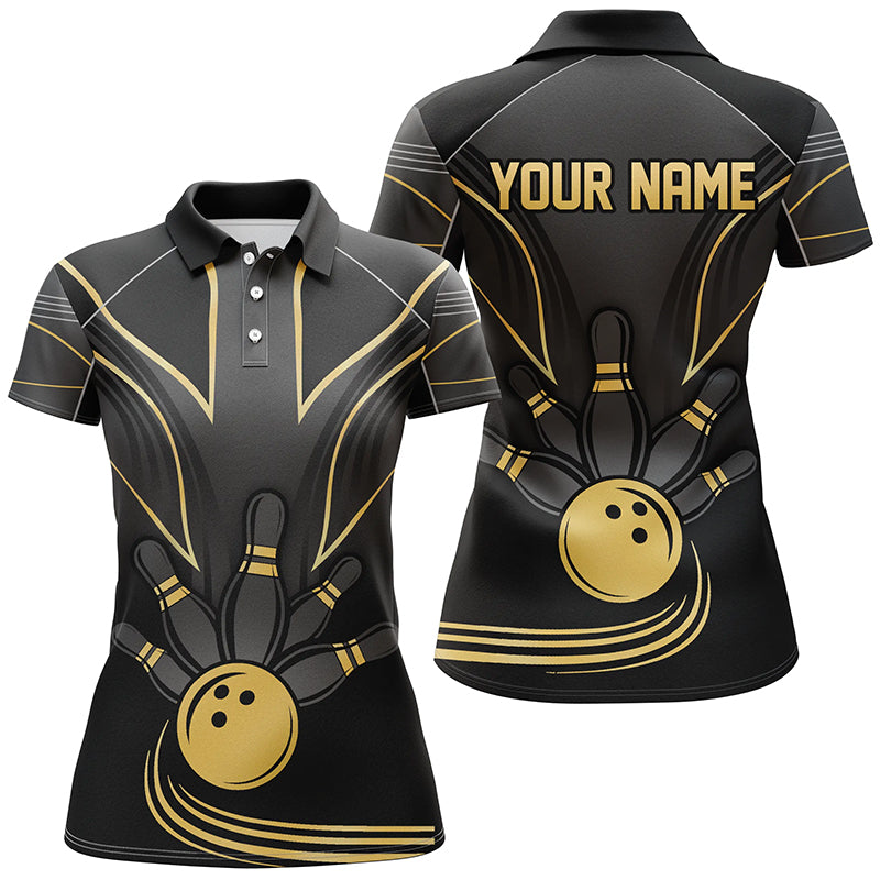 Women's Black & Gold Bowling Polo, Custom Quarter Zip Jersey N8313