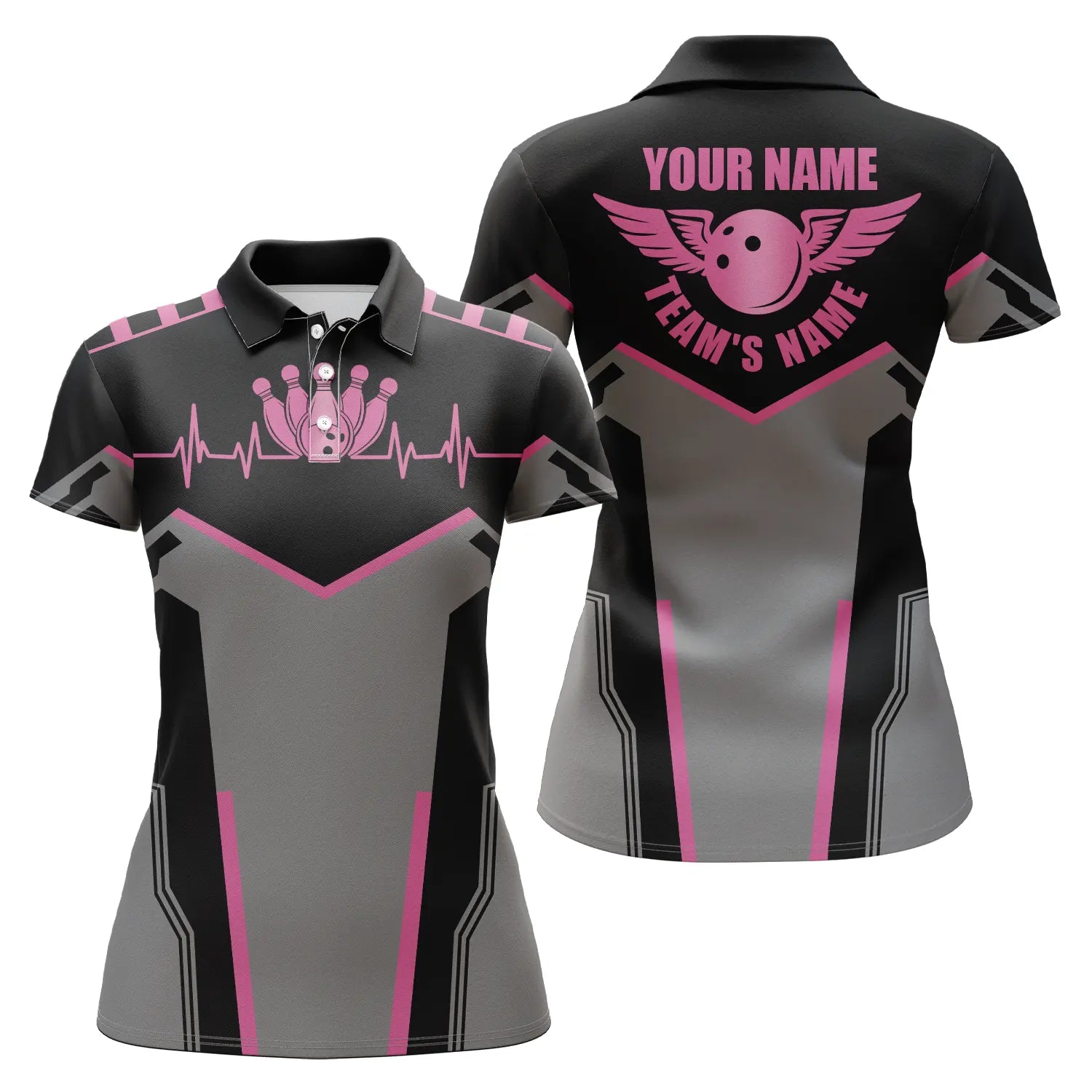 Women's Pink Bowling Polo Shirt with Custom Name and Team Name N4764