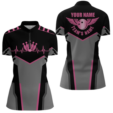 Women's Pink Bowling Quarter Zip Shirt with Custom Name N4764