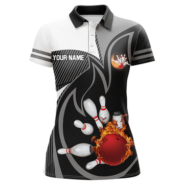 Women's Black & White Bowling Polo Shirt with Red Flame Design N7172