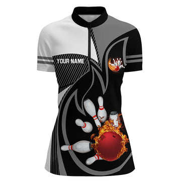 Women's Black & White Bowling Quarter Zip Shirt with Red Flame Design N7172
