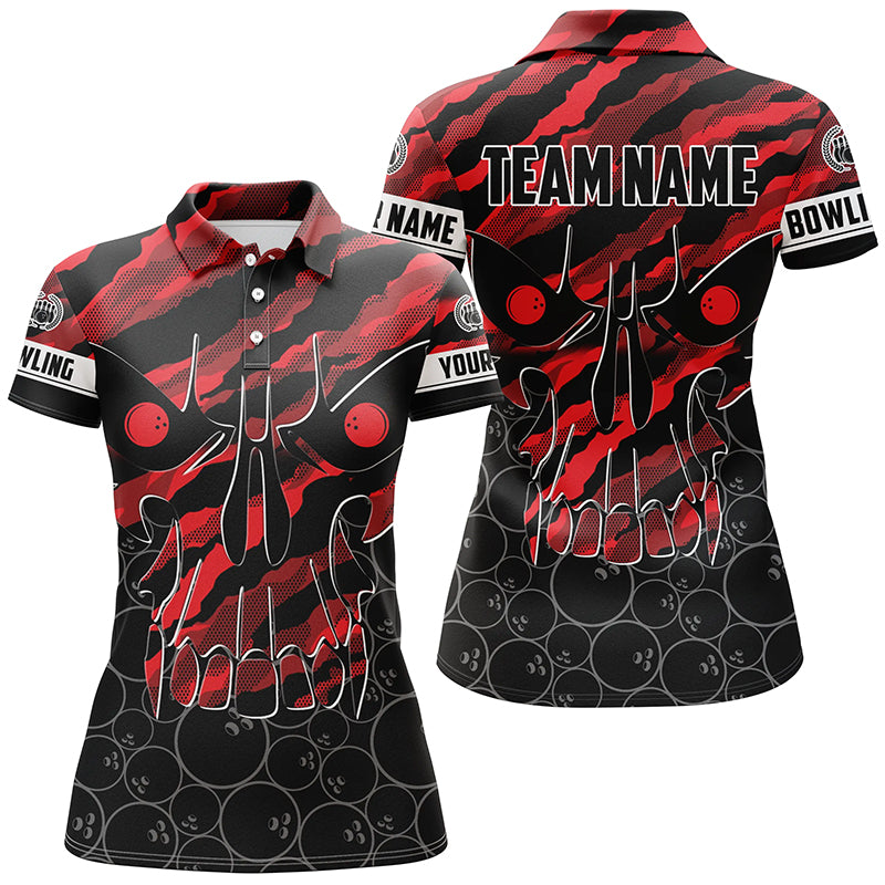 Women's Red Camo Skull Bowling Polo Shirt - Custom Team Name N7321