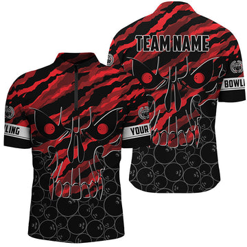 Men's Red Camo Skull Bowling Quarter Zip Shirt - Custom Team Name N7321